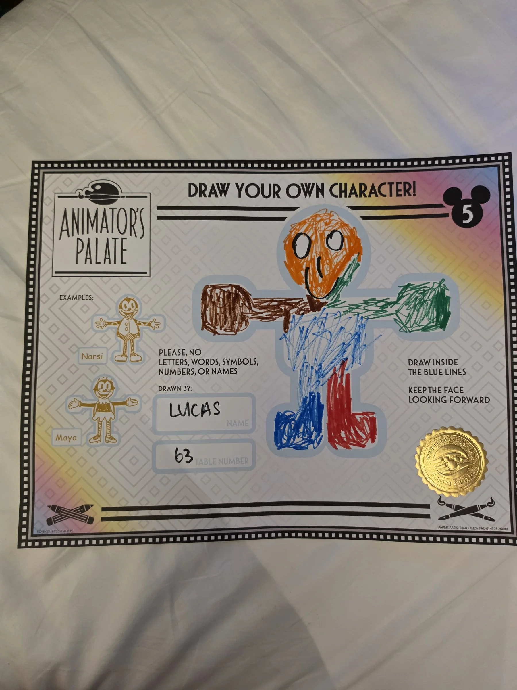 Lucas’s colourful character drawing on an Animator’s Palate drawing sheet.