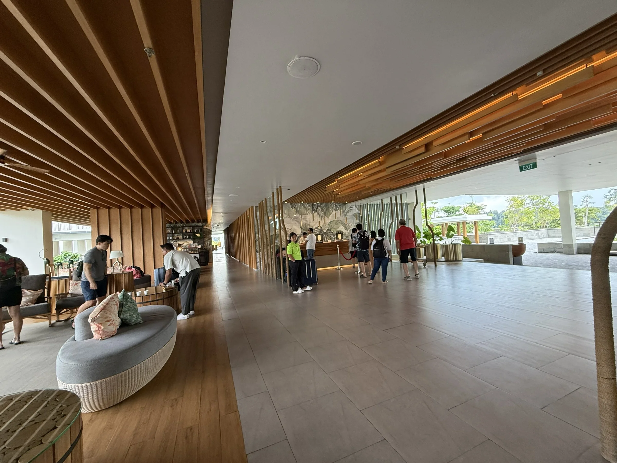 The spacious, open-air arrival lobby at Holiday Inn Resort Bintan Lagoi Beach.